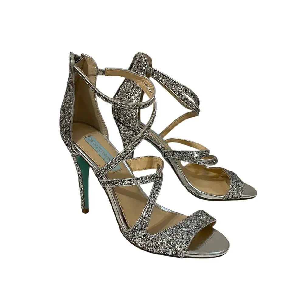 Blue by Betsey Johnson Izzy Women’s Silver Glitter Strappy Stiletto Sandals 8.5